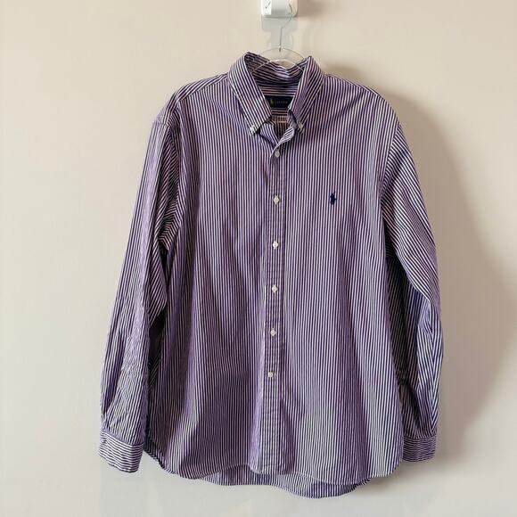 Ralph Lauren Men's 17 Button Down Long Sleeve Shirt Purple White Striped - Picture 2 of 5